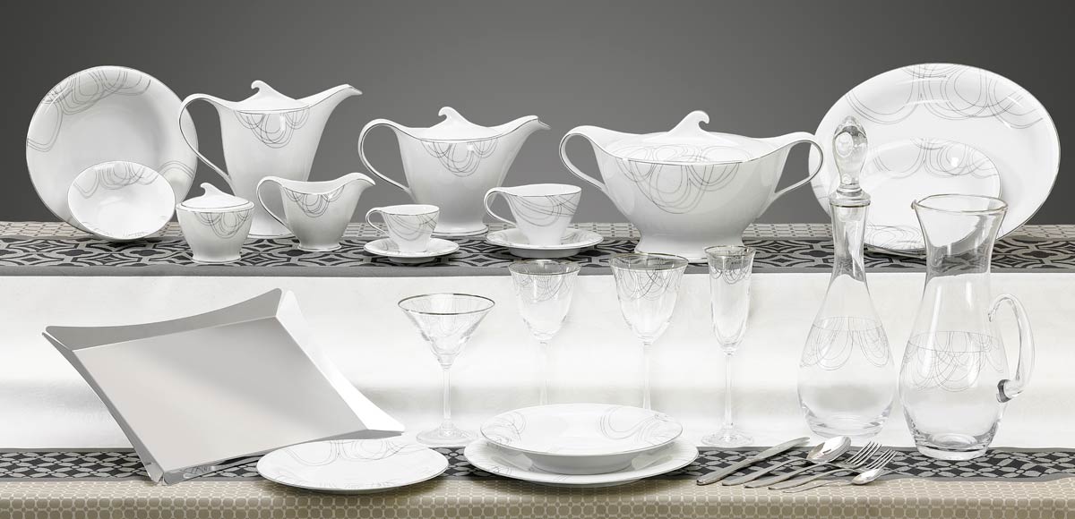 Completo piatti bicchieri vassoi design moderno decoro platino - Dallas